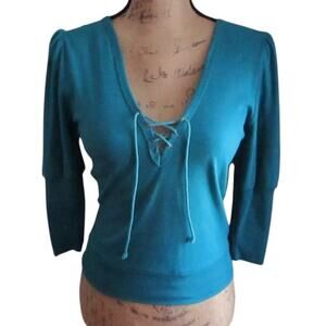 Vintage Heidi Green Sporty Top Lace Up Cropped 3/4 Sleeves